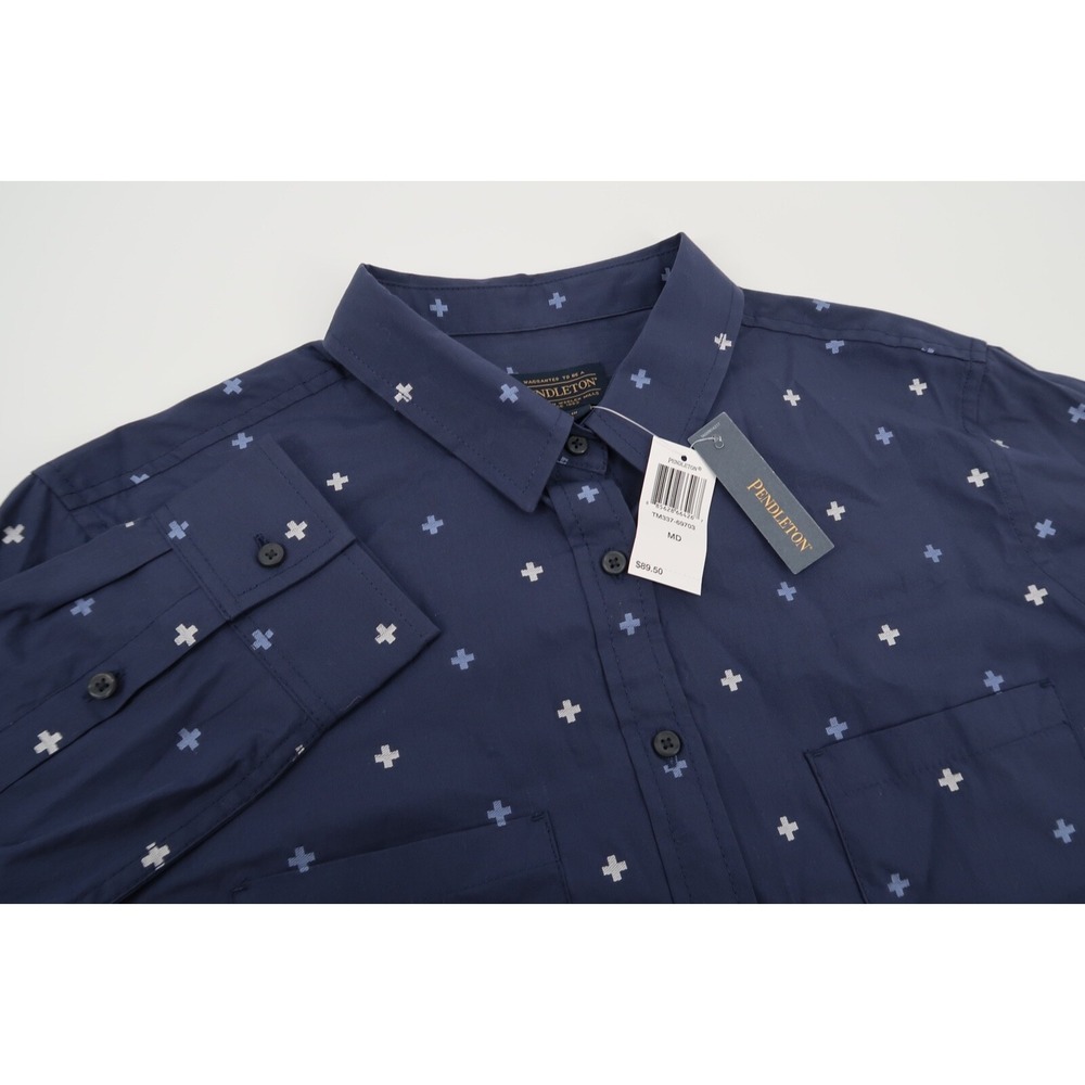 Pendleton Women's Medium‎ Navy Meridian Cross Pattern Button Front Cotton Shirt
